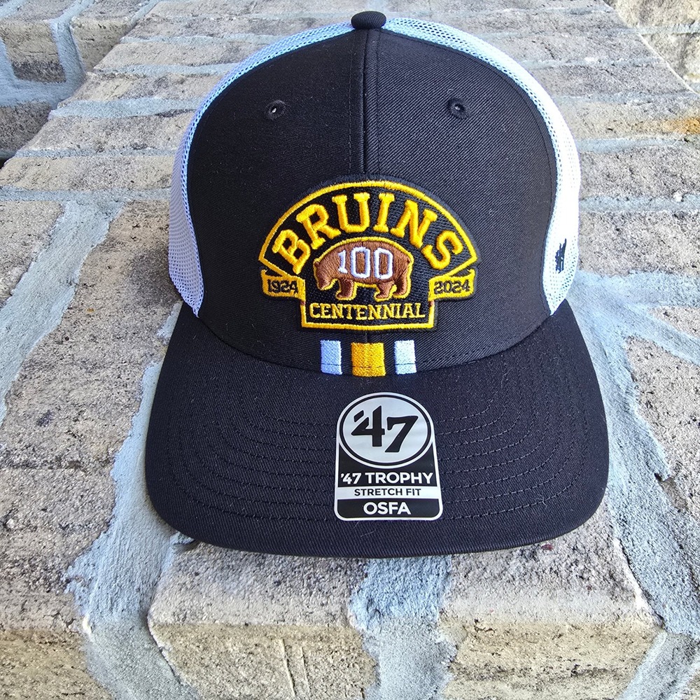 Boston Bruins 47 Brand Centennial Trophy Stretch Fit Hat Mens Black White OSFA